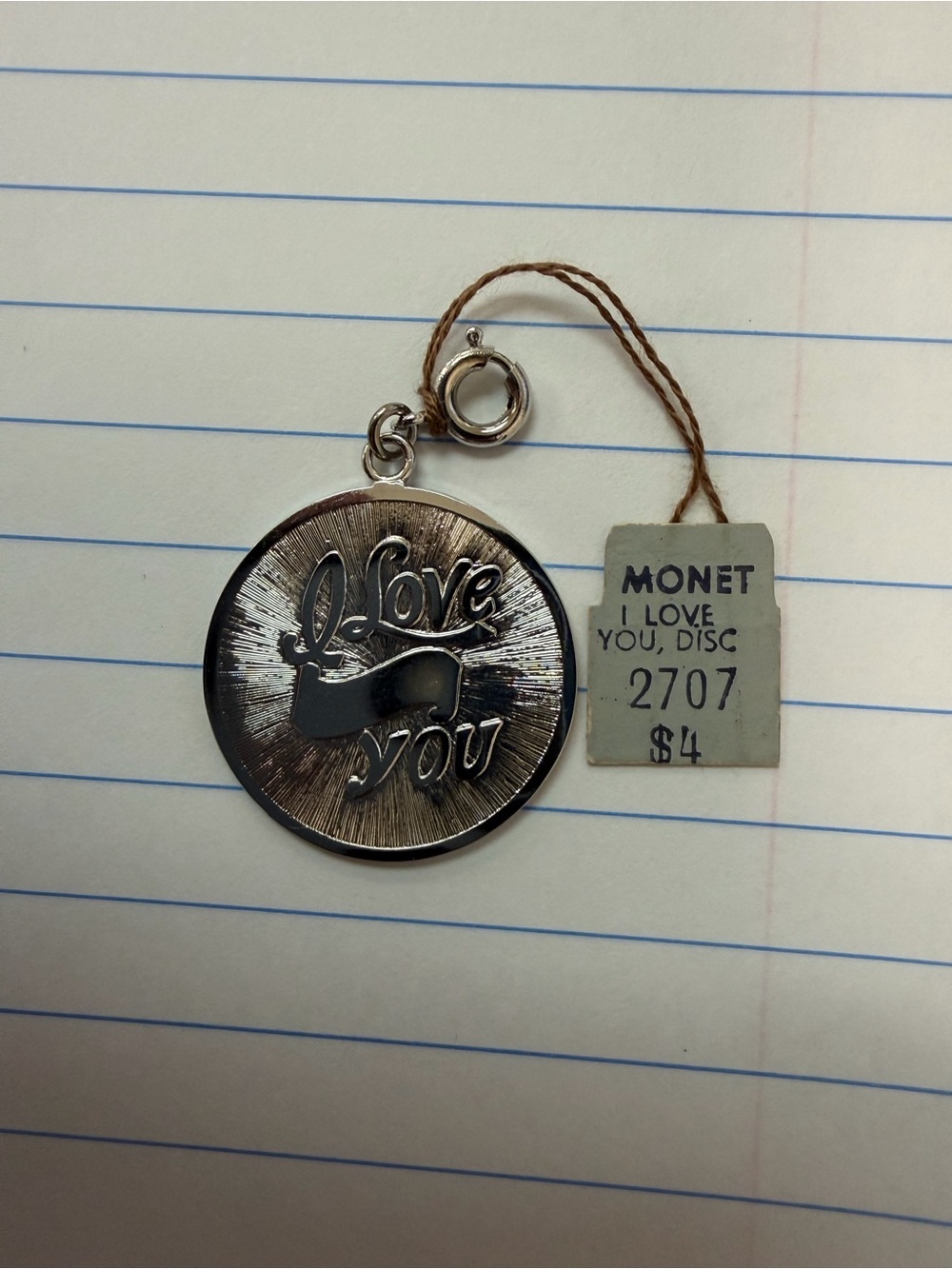 Monet Silver 'Love You' Round Disc Charm Pendant